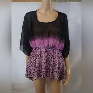 Ya Los Angeles Silk Leopard Print Blouse Small Black Purple Sheer Boho Flowy Top